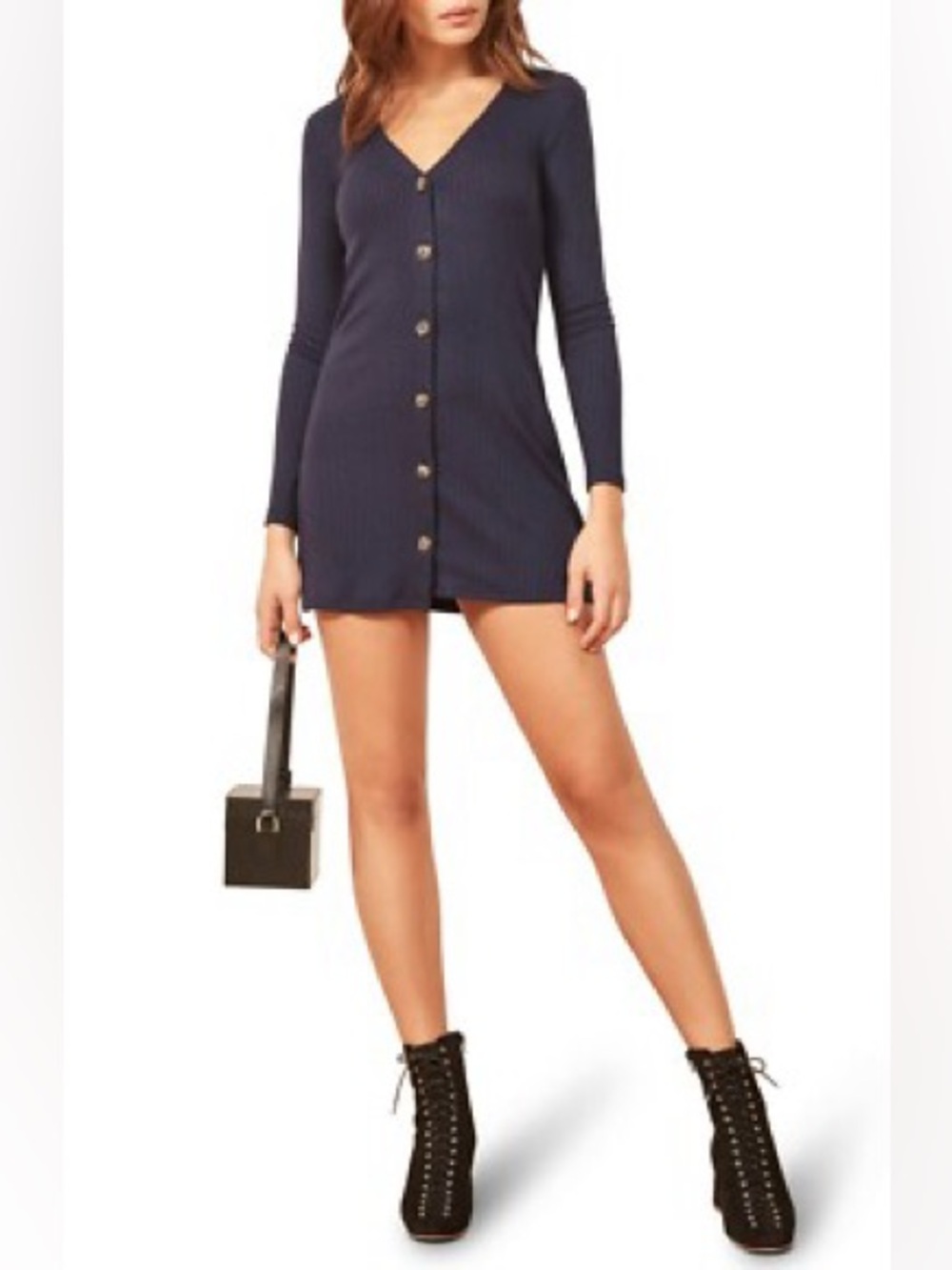 REFORMATION Jeans Navy AGATHA Ribbed Knit Button-Down V-Neck Sweater Dress S